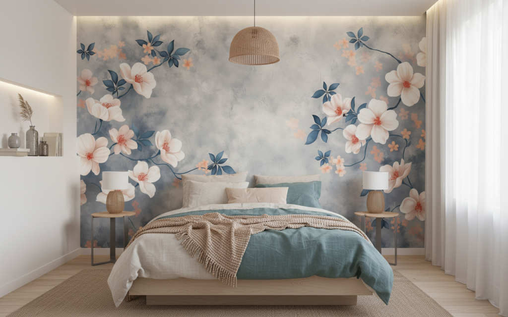 Papier peint floral délicat avec branches fleuries sur fond nuageux gris - Chambre ado