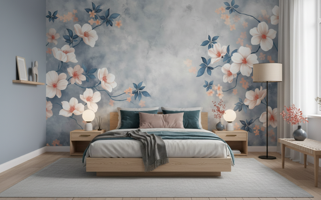 Papier peint floral délicat avec branches fleuries sur fond nuageux gris - Chambre adulte