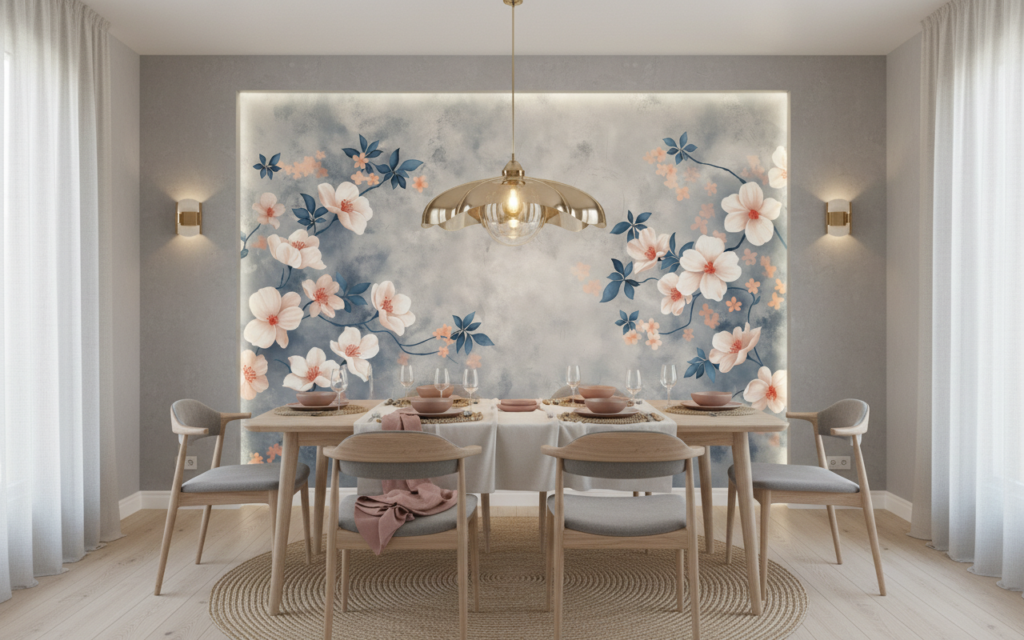 Papier peint floral délicat avec branches fleuries sur fond nuageux gris - Salle à manger