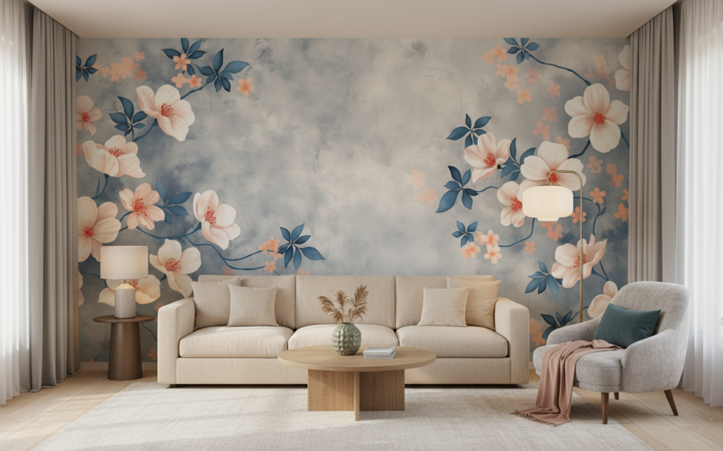 Papier peint floral délicat avec branches fleuries sur fond nuageux gris - Salon / Séjour
