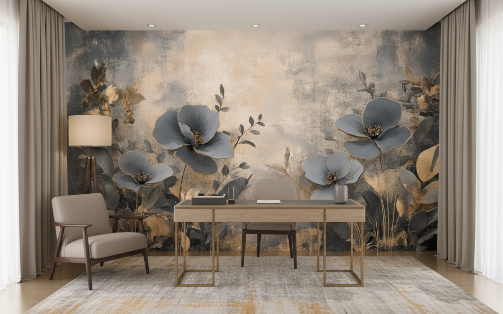 Papier peint floral élégant aux tons gris dorés sophistiqués - Bureau
