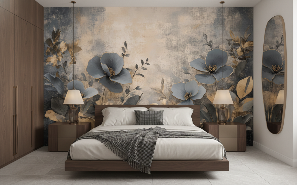 Papier peint floral élégant aux tons gris dorés sophistiqués - Chambre adulte