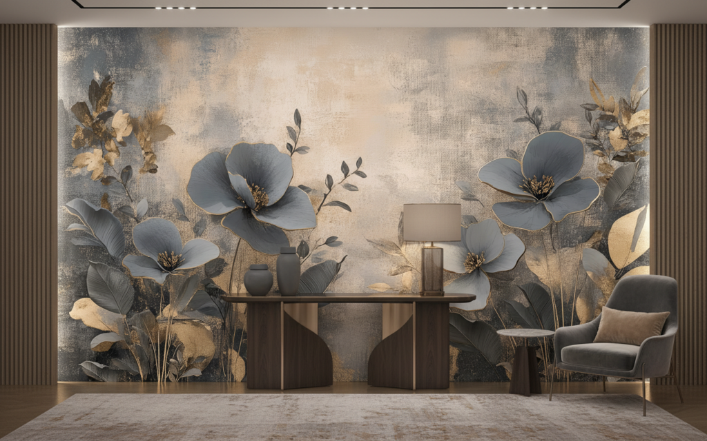 Papier peint floral élégant aux tons gris dorés sophistiqués - Hôtel