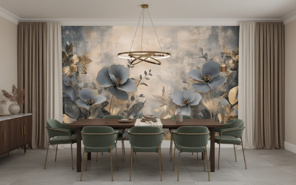 Papier peint floral élégant aux tons gris dorés sophistiqués - Salle à manger