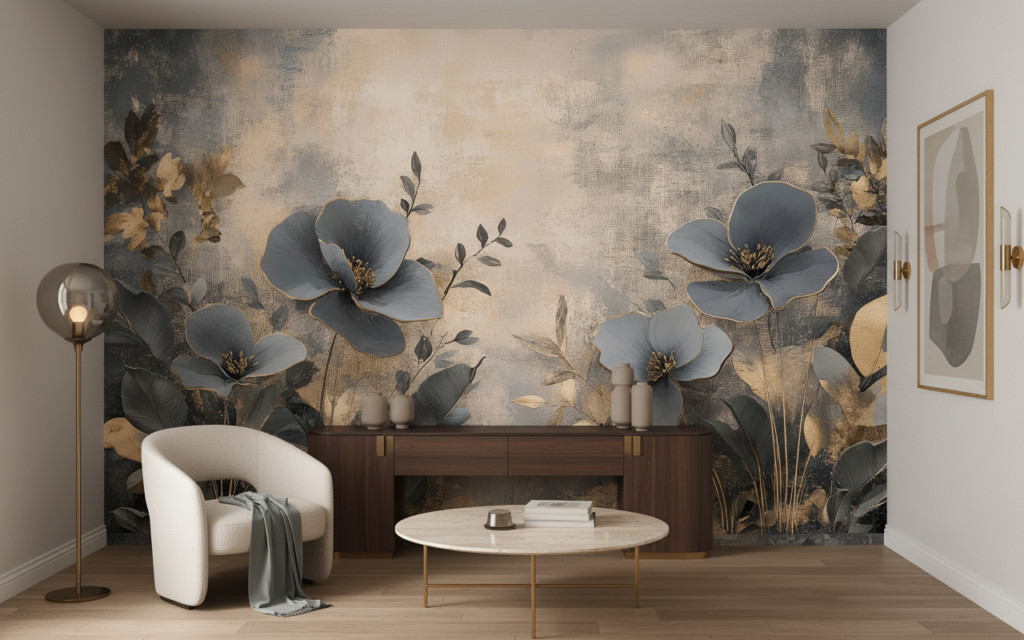 Papier peint floral élégant aux tons gris dorés sophistiqués - Salon / Séjour