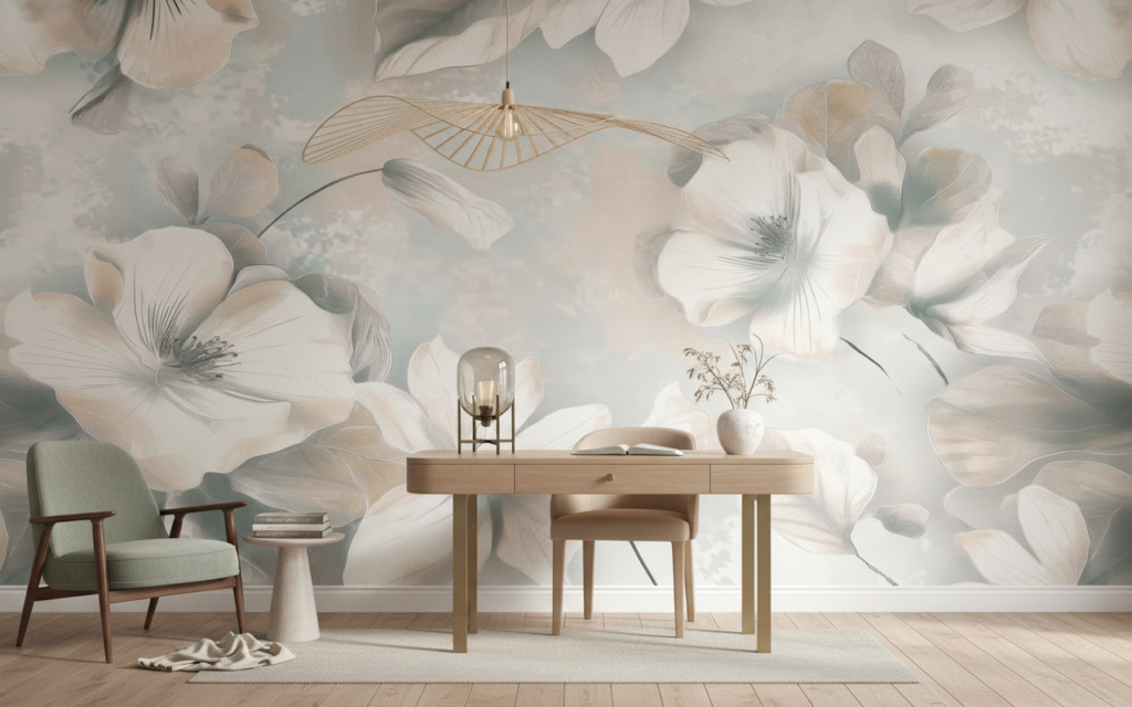 Papier peint floral élégant aux tons poudrés et nuances douces - Bureau