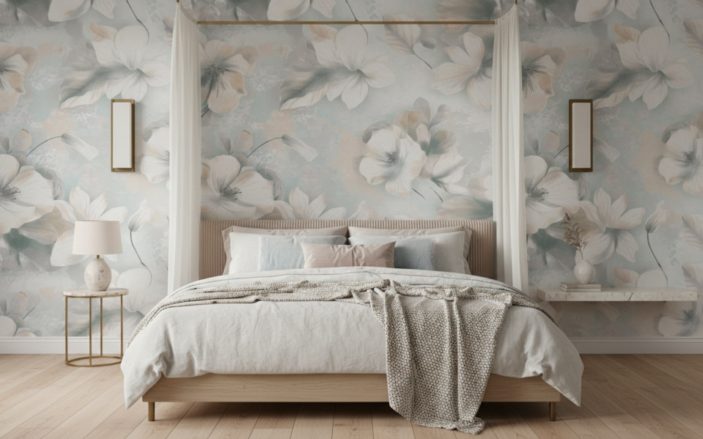 Papier peint floral élégant aux tons poudrés et nuances douces - Chambre adulte