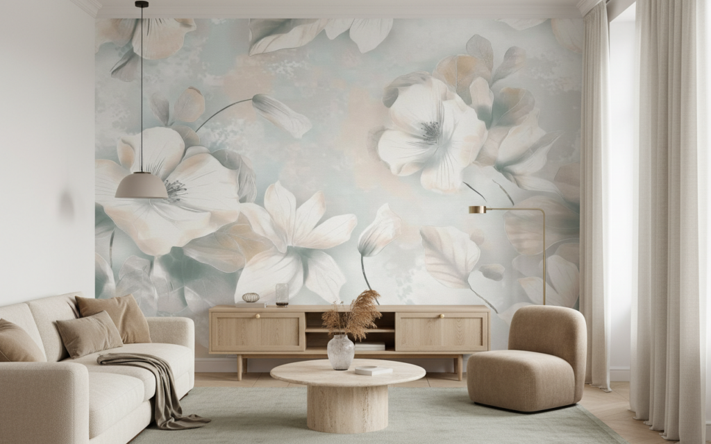 Papier peint floral élégant aux tons poudrés et nuances douces - Salon / Séjour