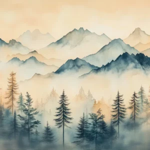 Papier Peint Paysage Montagneux Forêt Brumeux Style Aquarelle Zen