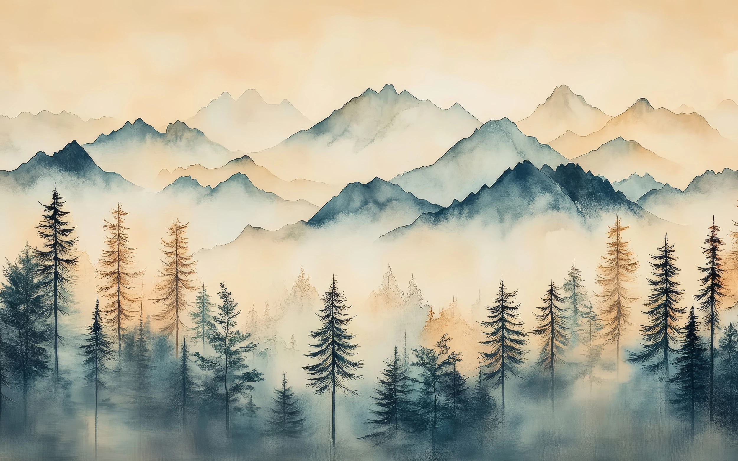 Papier Peint Paysage Montagneux Forêt Brumeux Style Aquarelle Zen