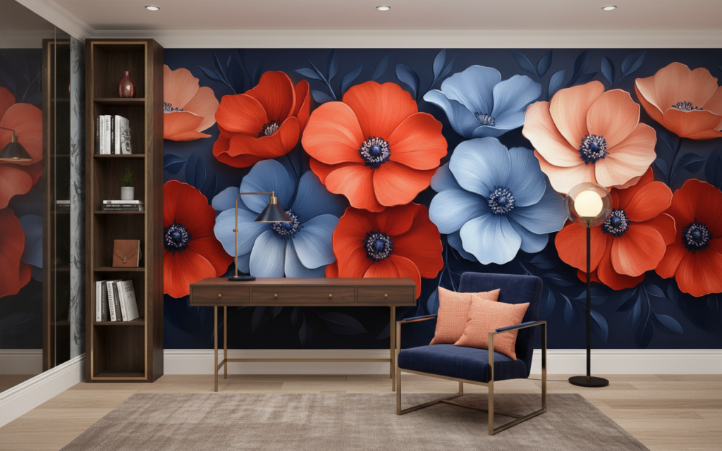 Papier peint floral élégant bleu corail sur fond marine - Bureau