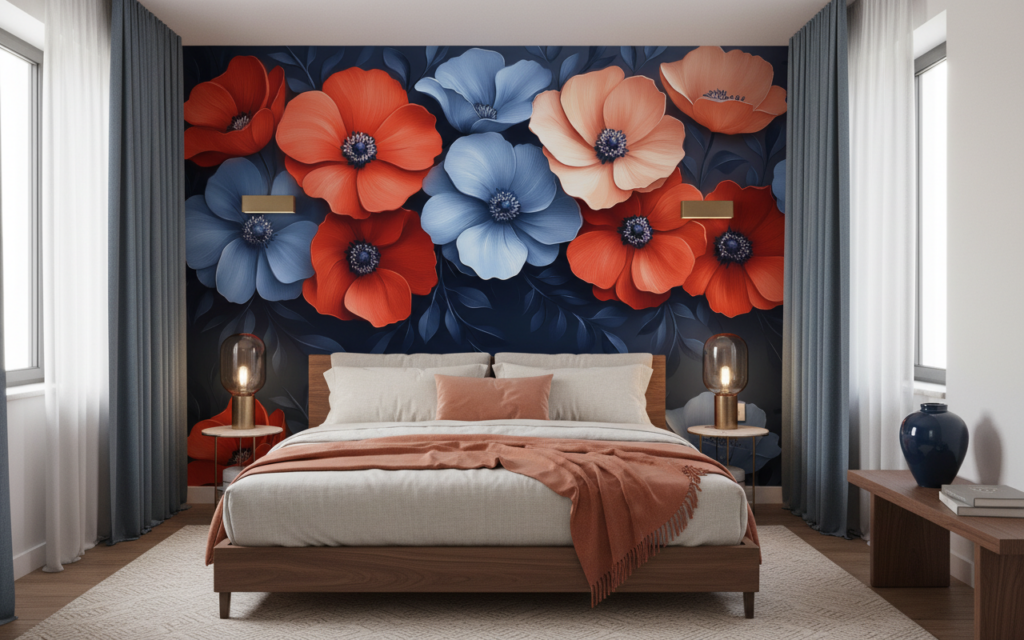 Papier peint floral élégant bleu corail sur fond marine - Chambre adulte