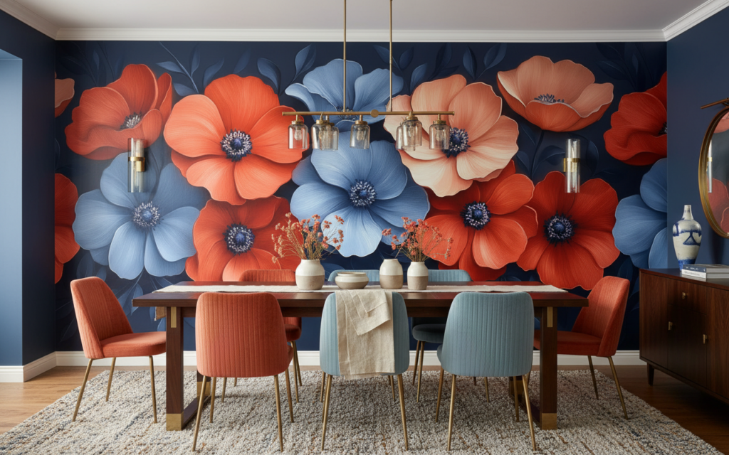 Papier peint floral élégant bleu corail sur fond marine - Salle à manger