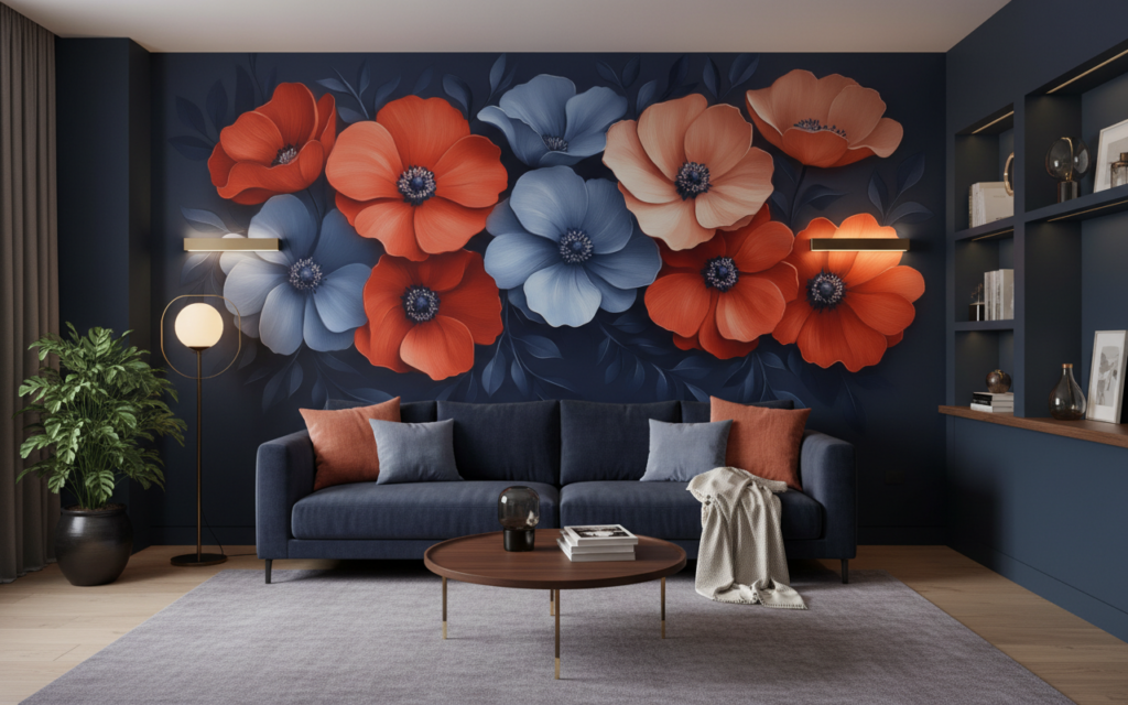 Papier peint floral élégant bleu corail sur fond marine - Salon / Séjour