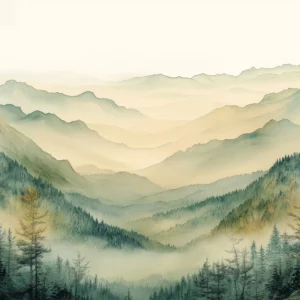 Papier Peint Paysage Montagneux Brumeux Style Aquarelle Zen