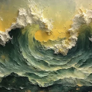 Papier Peint Vagues Océan Tempête Effet Peinture Épaisse Dorée
