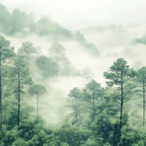 Papier peint forêt brume matinale paysage naturel apaisant