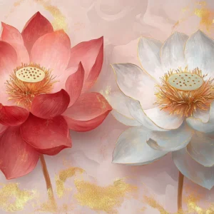 Papier Peint Lotus Artistique Rose et Blanc Doré
