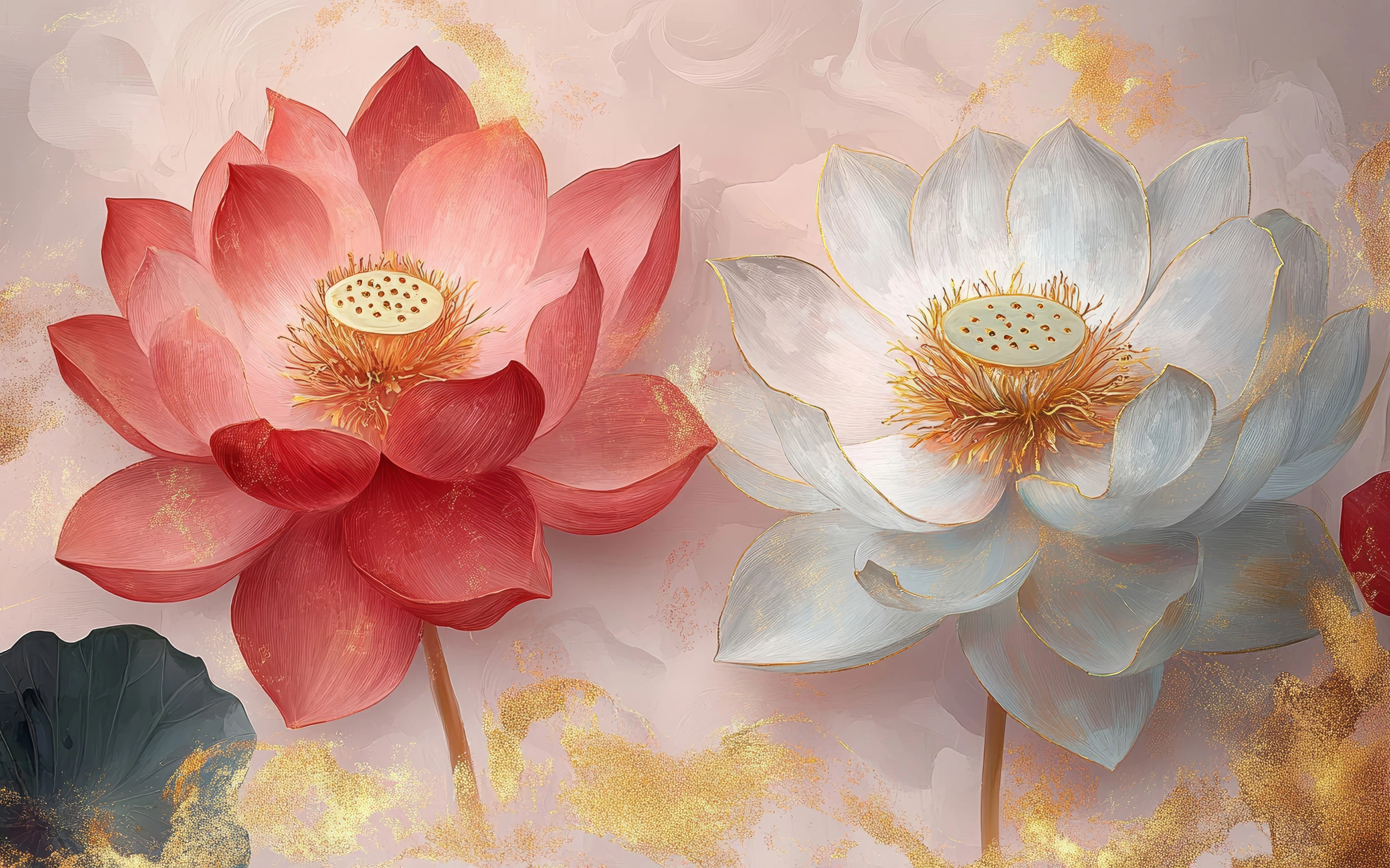 Papier Peint Lotus Artistique Rose et Blanc Doré