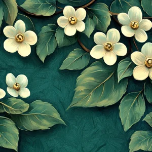 Papier peint élégant motifs floraux dorés sur fond vert émeraude