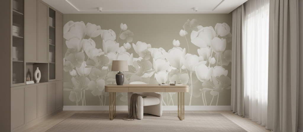 Papier Peint Floral Monochrome Tulipes Blanches Style Romantique - Bureau