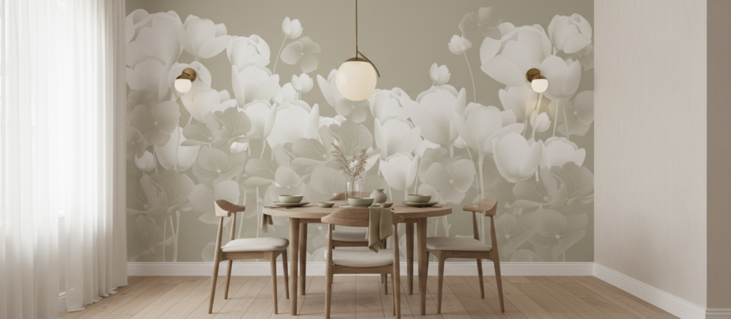 Papier Peint Floral Monochrome Tulipes Blanches Style Romantique - Salle à manger