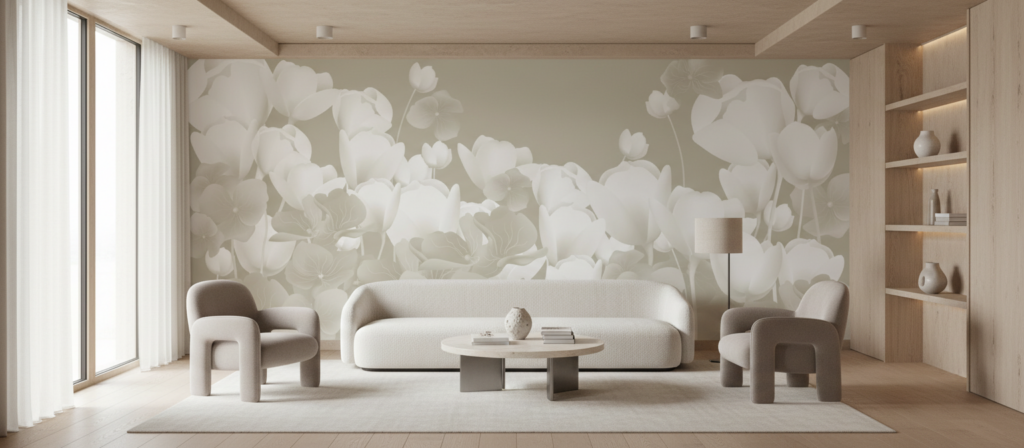 Papier Peint Floral Monochrome Tulipes Blanches Style Romantique - Salon / Séjour