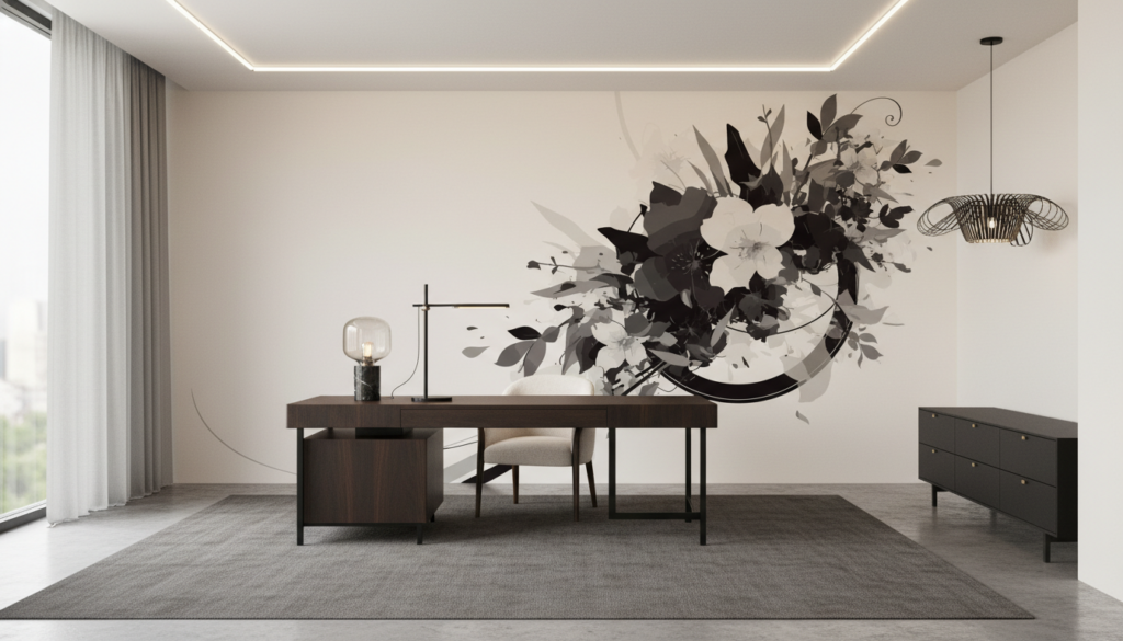 Papier peint floral noir et blanc élégant style contemporain - Bureau