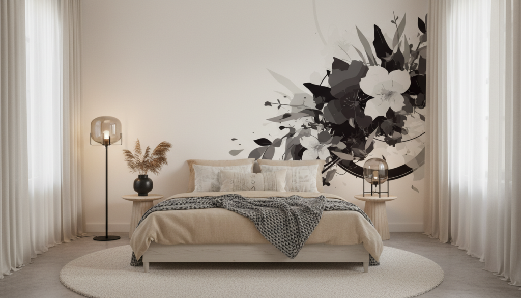 Papier peint floral noir et blanc élégant style contemporain - Chambre adulte