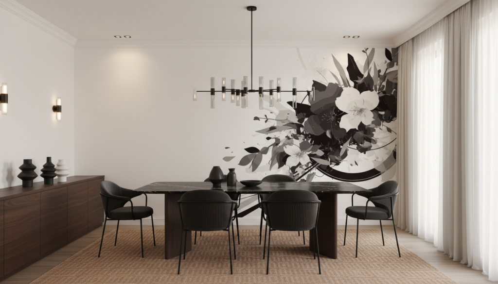 Papier peint floral noir et blanc élégant style contemporain - Salle à manger
