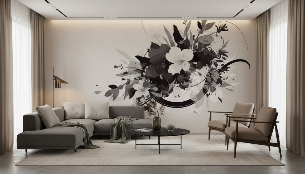 Papier peint floral noir et blanc élégant style contemporain - Salon / Séjour