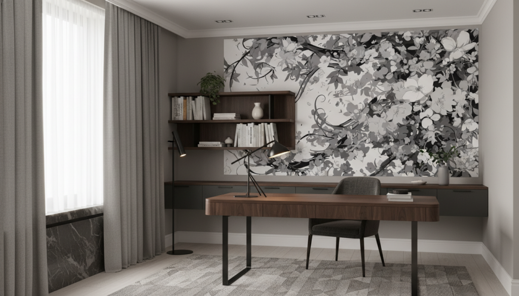 Papier peint floral noir et blanc style vintage romantique - Bureau