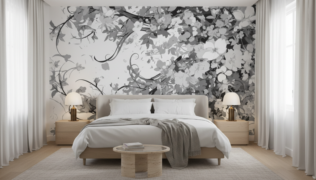 Papier peint floral noir et blanc style vintage romantique - Chambre adulte