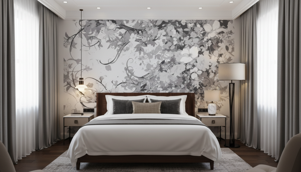 Papier peint floral noir et blanc style vintage romantique - Hôtel