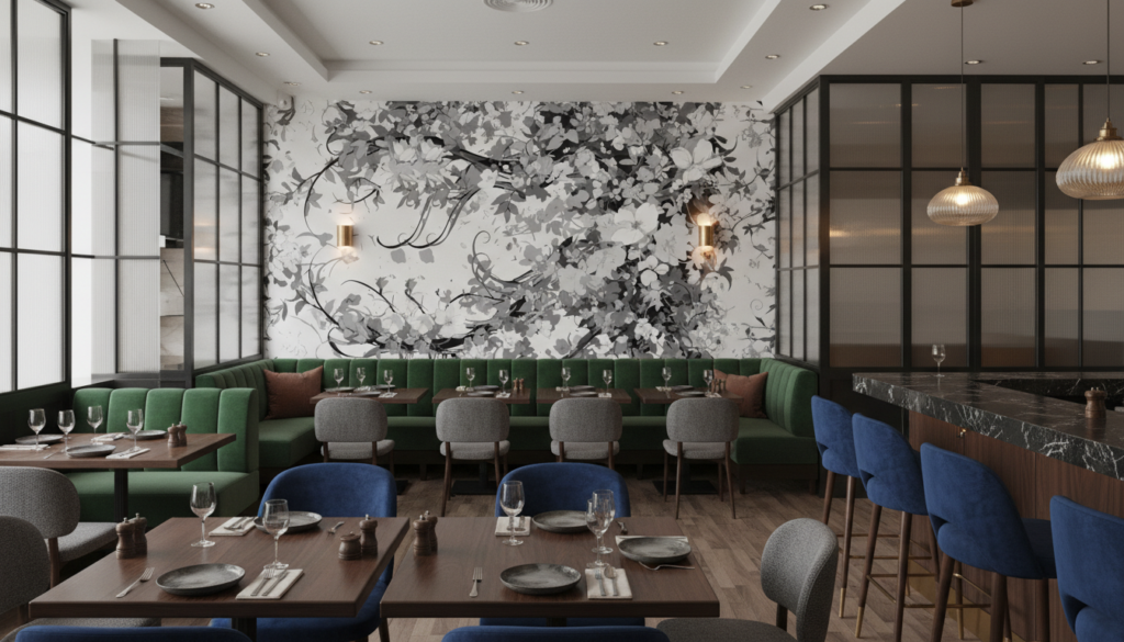 Papier peint floral noir et blanc style vintage romantique - Restaurant