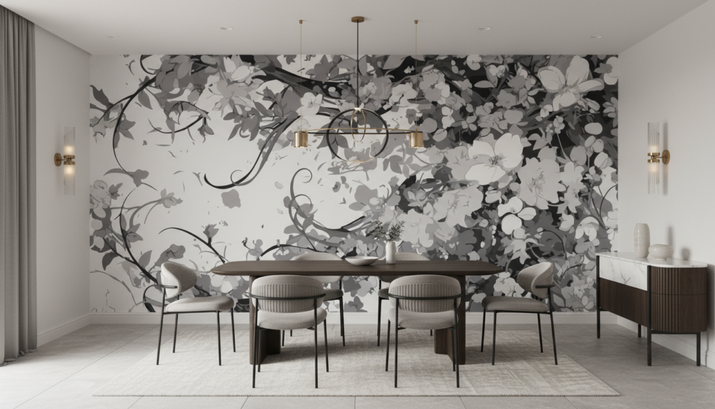 Papier peint floral noir et blanc style vintage romantique - Salle à manger