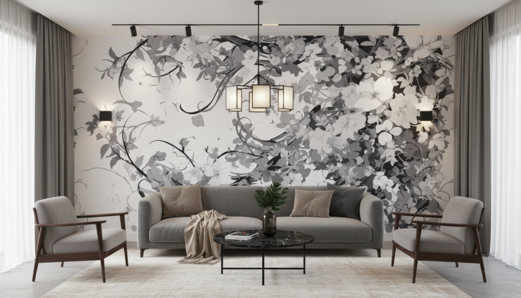 Papier peint floral noir et blanc style vintage romantique - Salon / Séjour