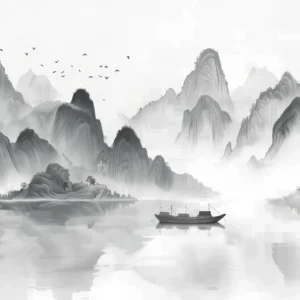 Paysage Montagneux Asiatique Brumeux avec Jonque Traditionnelle Encre