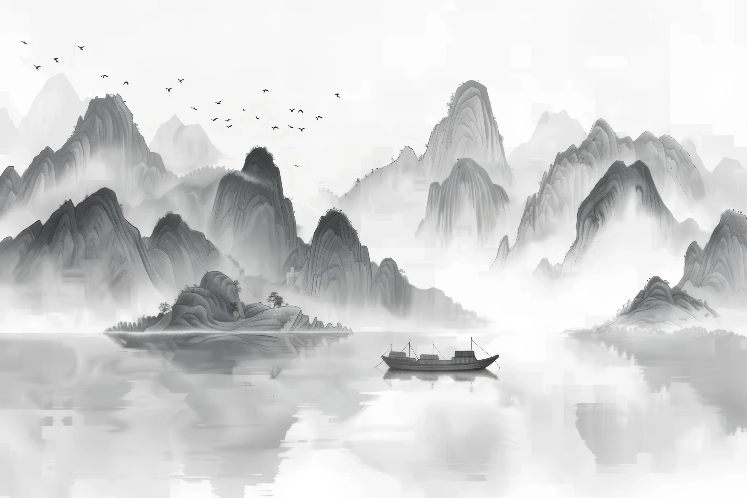 Paysage Montagneux Asiatique Brumeux avec Jonque Traditionnelle Encre