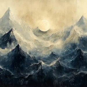 Paysage Montagneux Dramatique avec Lune Dorée et Brumes Mystérieuses