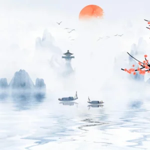 Paysage Asiatique Zen avec Cerisier en Fleurs et Pagode