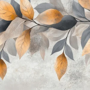 Papier peint branches et feuilles automnales sur fond texturé beige