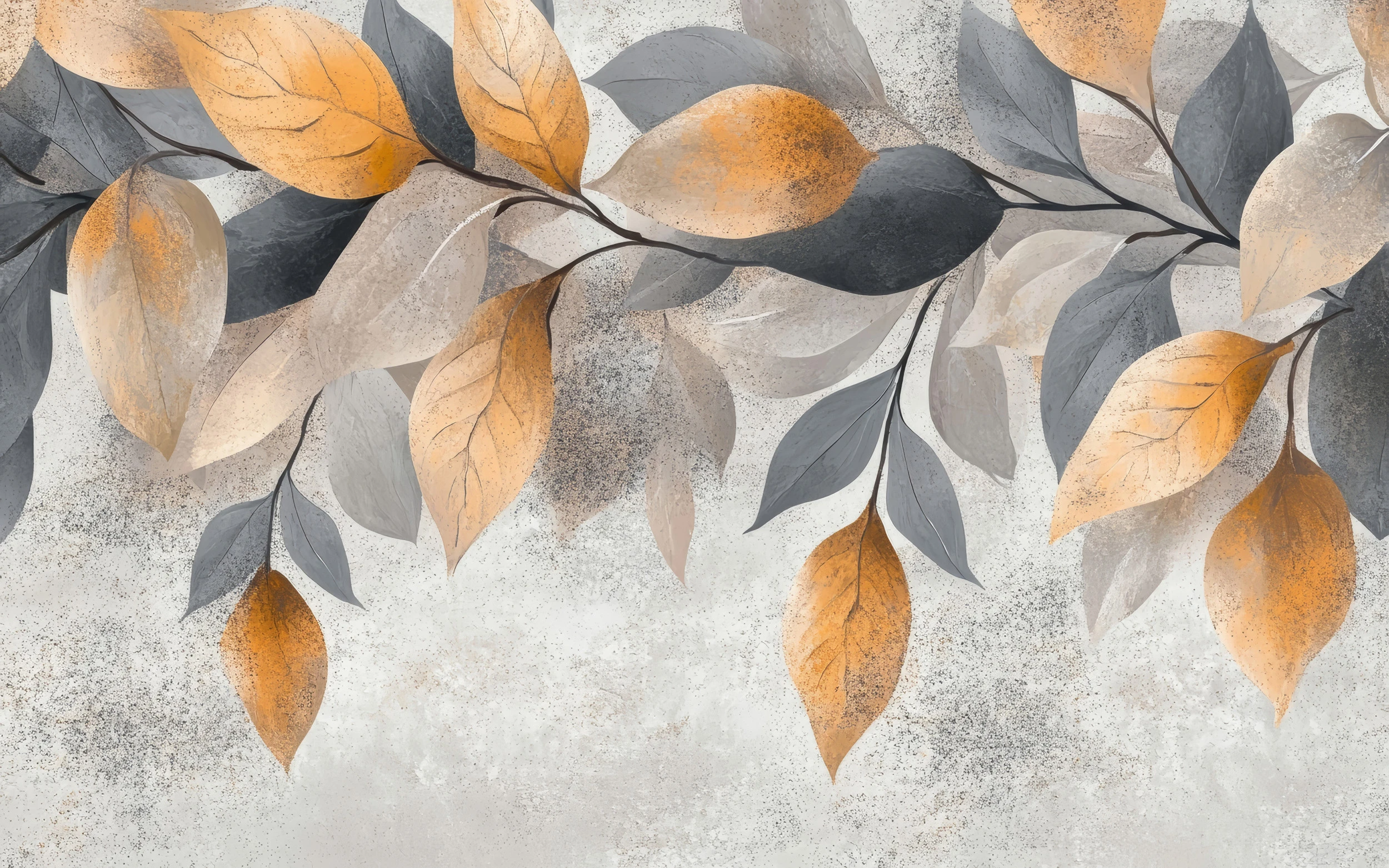 Papier peint branches et feuilles automnales sur fond texturé beige