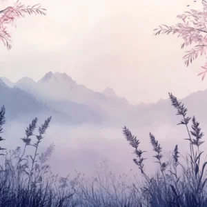 Papier Peint Paysage Montagneux Rose et Bleu Bambous Asiatiques