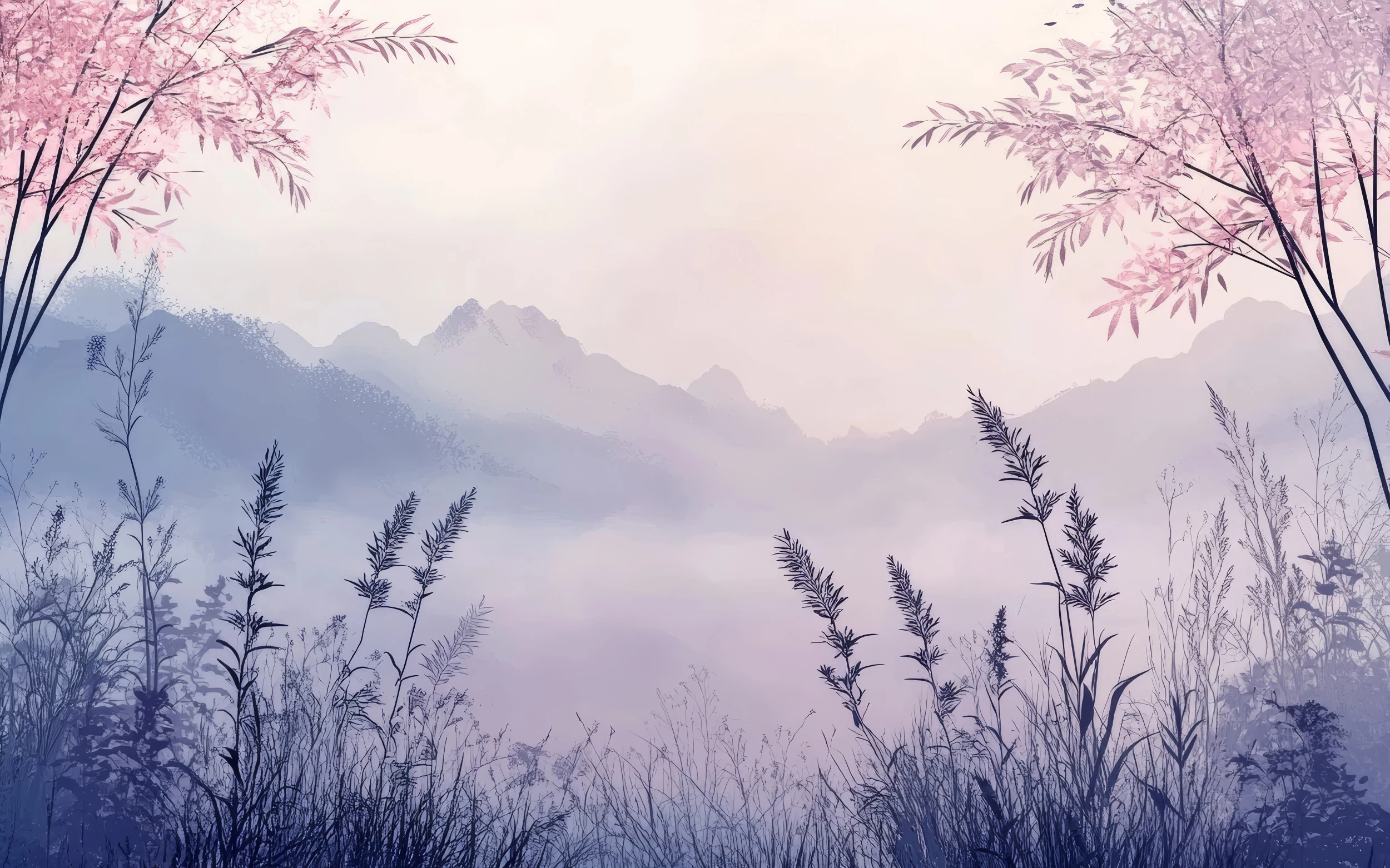 Papier Peint Paysage Montagneux Rose et Bleu Bambous Asiatiques