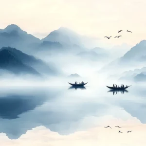 Paysage Montagneux Brumeux avec Barques sur Lac Paisible