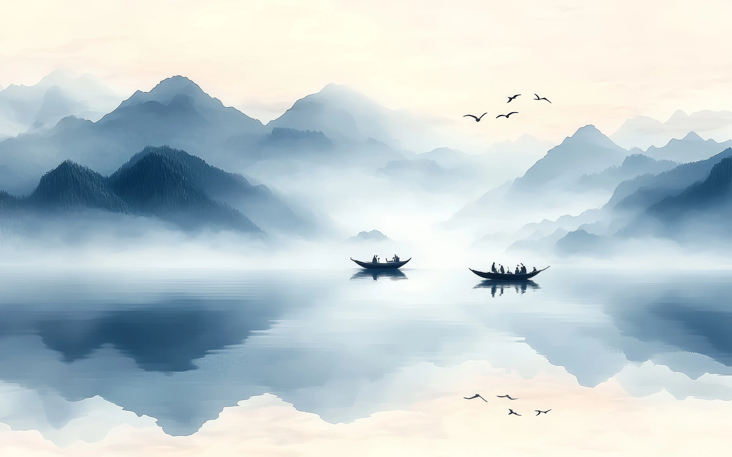 Paysage Montagneux Brumeux avec Barques sur Lac Paisible