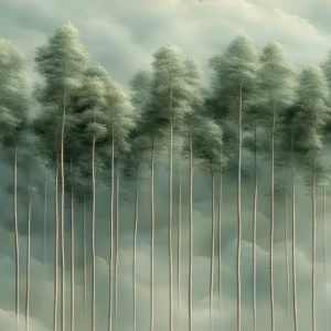 Papier Peint Forêt Brouillard Troncs Minces Reflets Aquatiques Vert