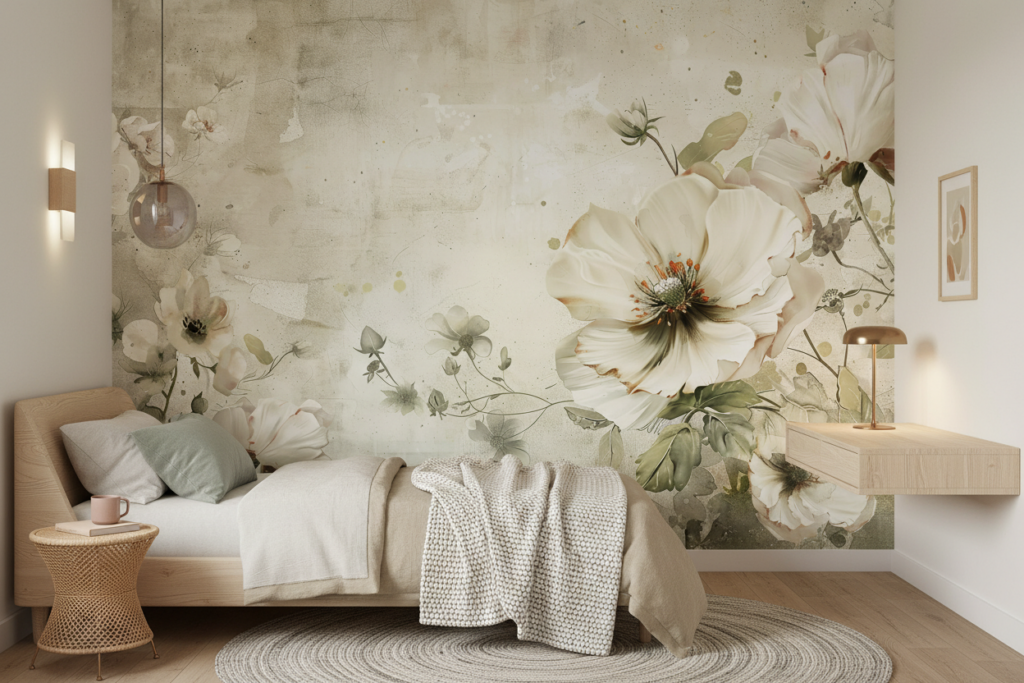 Papier peint floral vintage aux grandes fleurs blanches délicates - Chambre ado