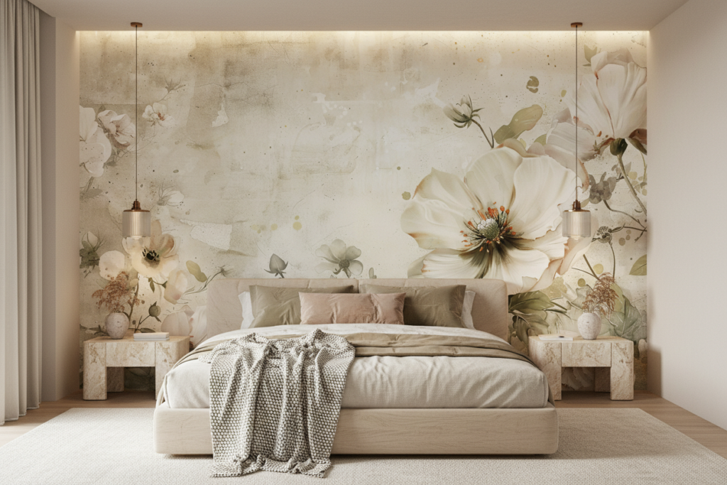 Papier peint floral vintage aux grandes fleurs blanches délicates - Chambre adulte